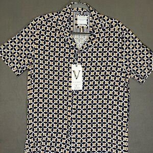 NWT DENIM & FLOWER Mens Shirt Size M Dark Blue Gold White Geometric Print Retro